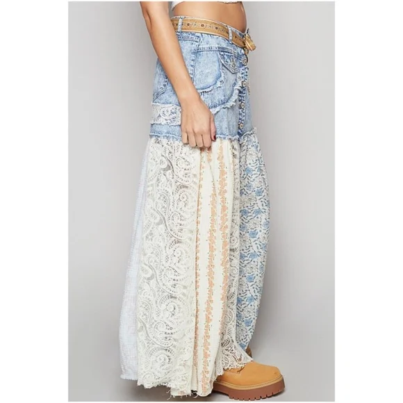 POL Light Wash Button Frayed Lace Floral Print Patchwork Maxi Skirt NWOT - Picture 4 of 5